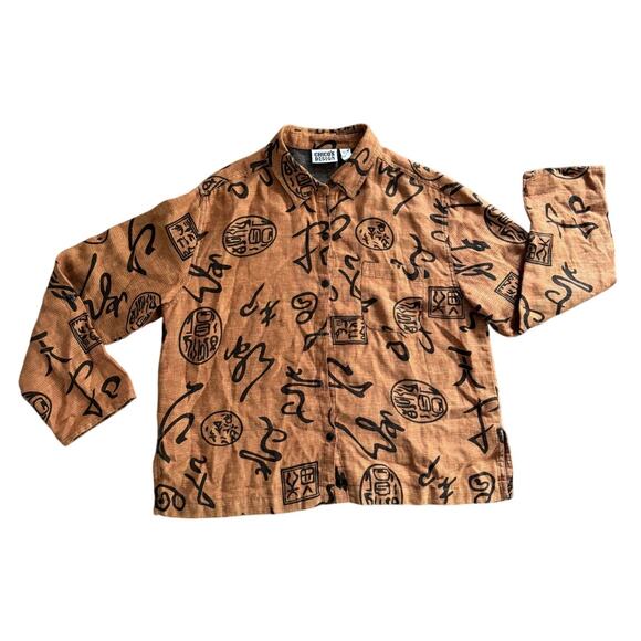 Chicos Design Linen Top Women's Brown and Black Long sleeve - Picture 1 of 9